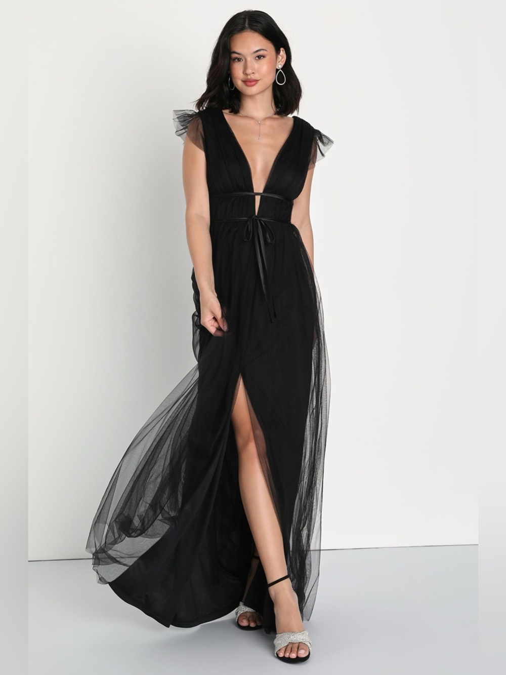 LULUS Tulle Mesh Ruffle Sleeve Whimsigoth Dark Fairycore Wedding Guest Dress S